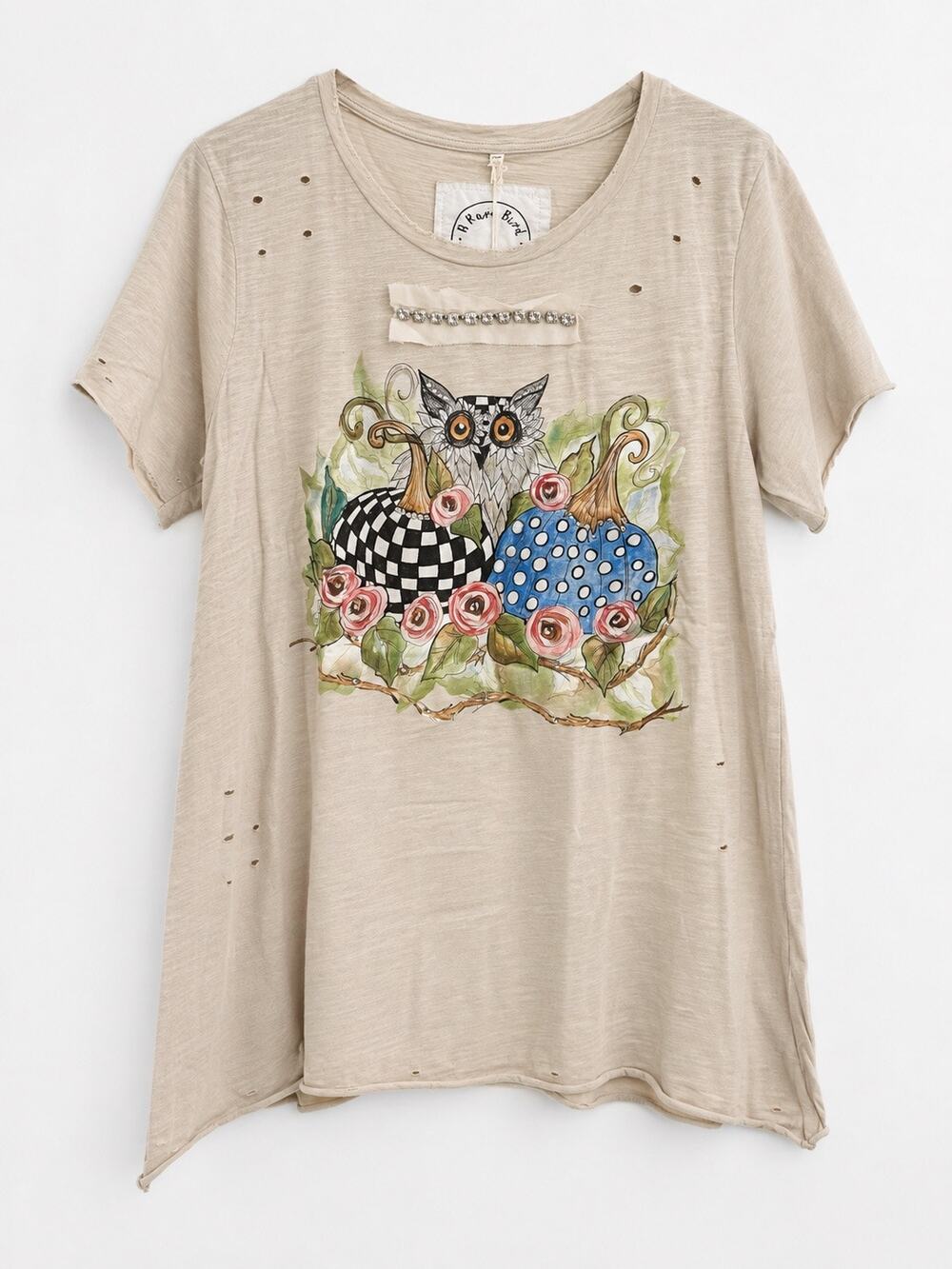 NWT Bare Bird Rhinestone Owl Pumpkin Distressed Tattered Tee Women’s Small